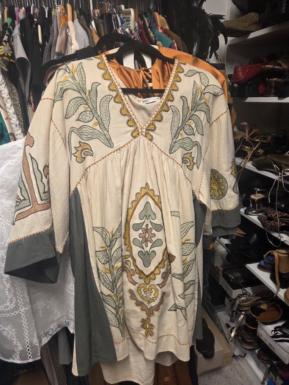 Zara Embroidered Boho Tunic Dress in Cream, Olive & Mustard